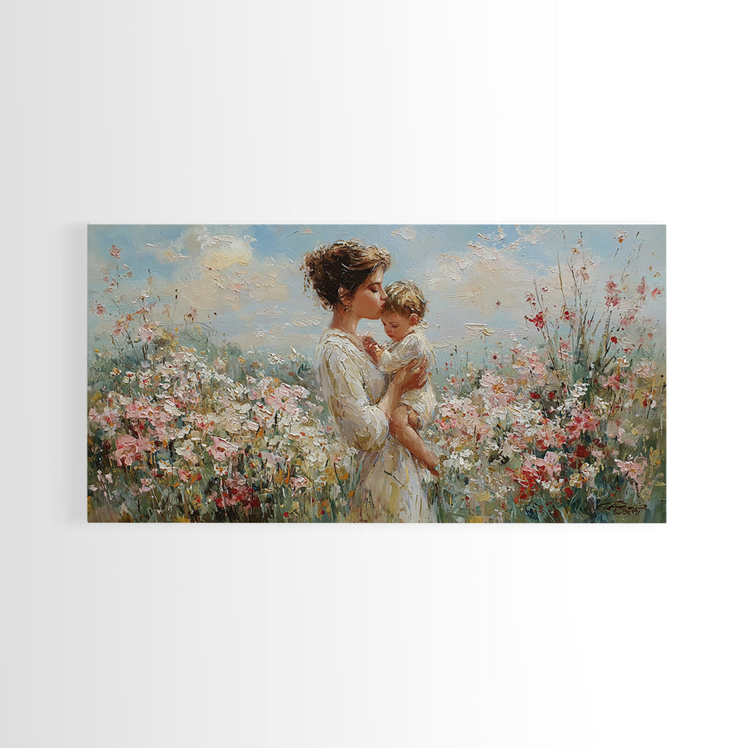 Mother Holding Baby In Sunlit Flower Field Wall Art, Impressionist Floral Canvas Print, Nursery Decor, Gift For Mom, Living Room Decor