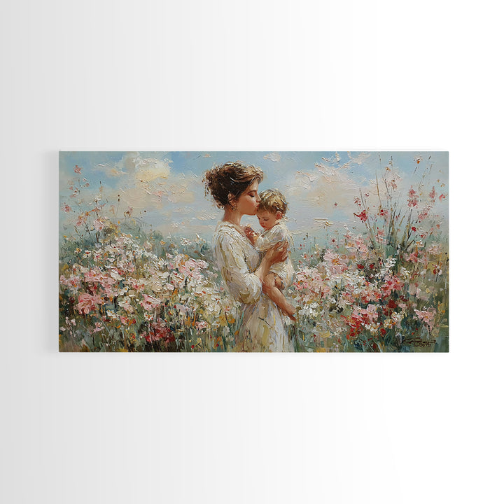 Mother Holding Baby In Sunlit Flower Field Wall Art, Impressionist Floral Canvas Print, Nursery Decor, Gift For Mom, Living Room Decor