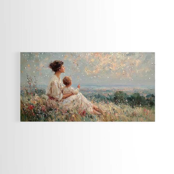 Mother And Child Watching Ocean Sunset Framed Canvas Print, Coastal Wildflower Wall Art, Calming Bedroom Decor Gift For Her