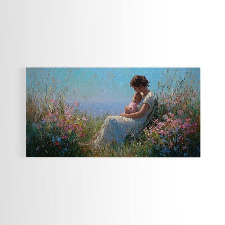 Mother Nursing Baby In Blue Meadow Canvas Print, Wildflower Wall Art, Peaceful Nursery Decor, Gift For New Mom, Boho Home Decor