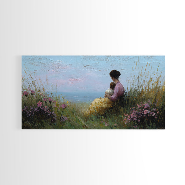 Mother And Child Beside Quiet Lake Wall Art, Impressionist Meadow Framed Canvas Print, Calming Nursery Decor Gift For Her