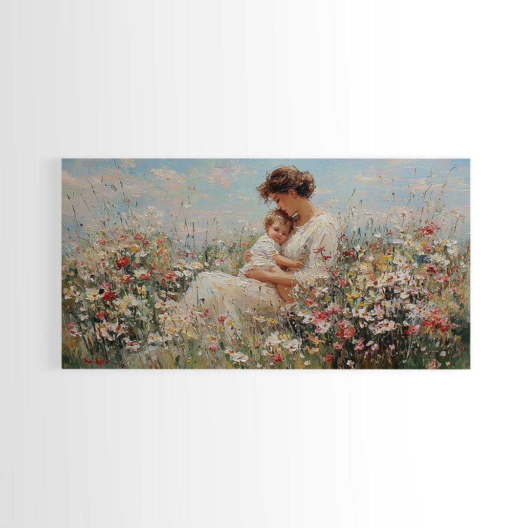 Mother And Baby Embraced Among Daisies Wall Art, Impressionist Floral Canvas Print, Nursery Wall Decor, Gift For Her, Motherhood Gift