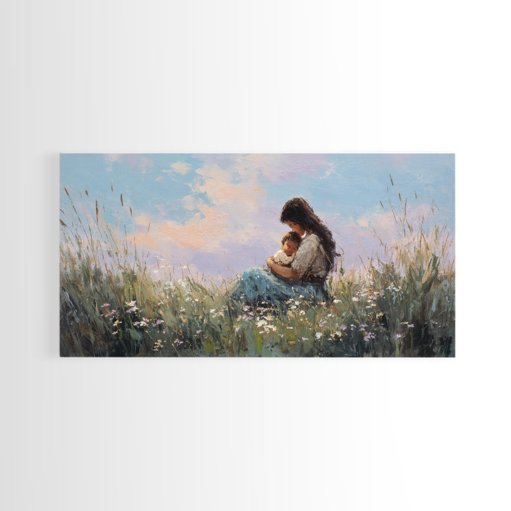 Mother Holding Baby At Sunset Meadow Canvas Print, Boho Wildflower Wall Art, Nursery Decor, Gift For New Mom, Bedroom Decor