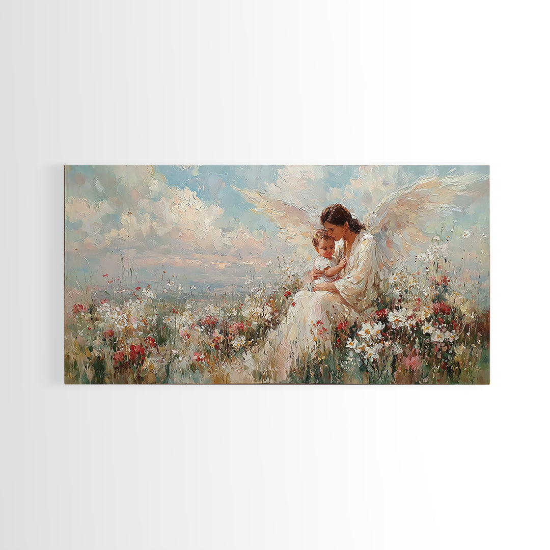 Guardian Angel Mother With Child In Flowers Framed Canvas Print, Heavenly Wall Art, Spiritual Nursery Decor, Gift For Her