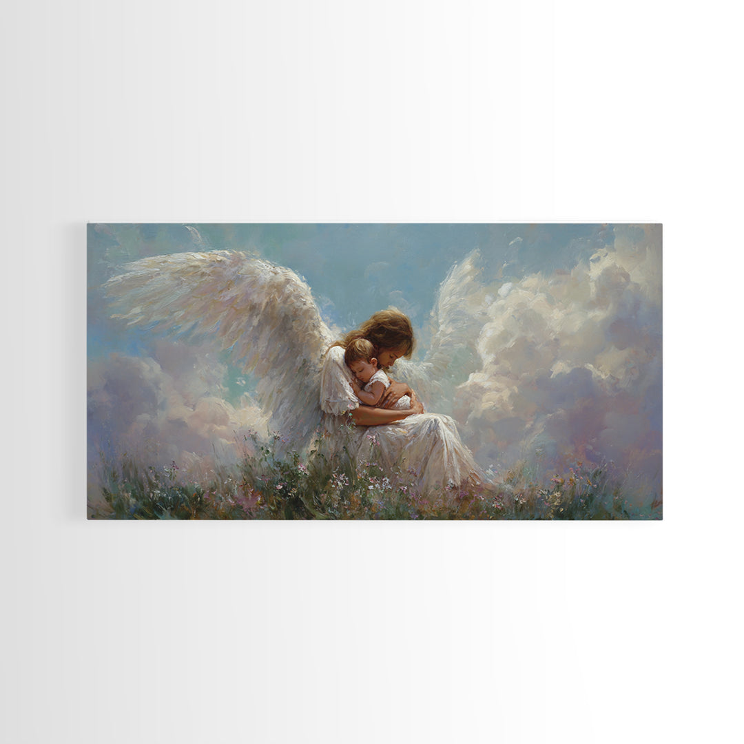 Guardian Angel Embracing Child In Clouds Wall Art, Heavenly Framed Canvas Print, Christian Nursery Decor, Sympathy Gift For Her
