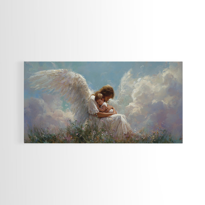 Guardian Angel Embracing Child In Clouds Wall Art, Heavenly Framed Canvas Print, Christian Nursery Decor, Sympathy Gift For Her