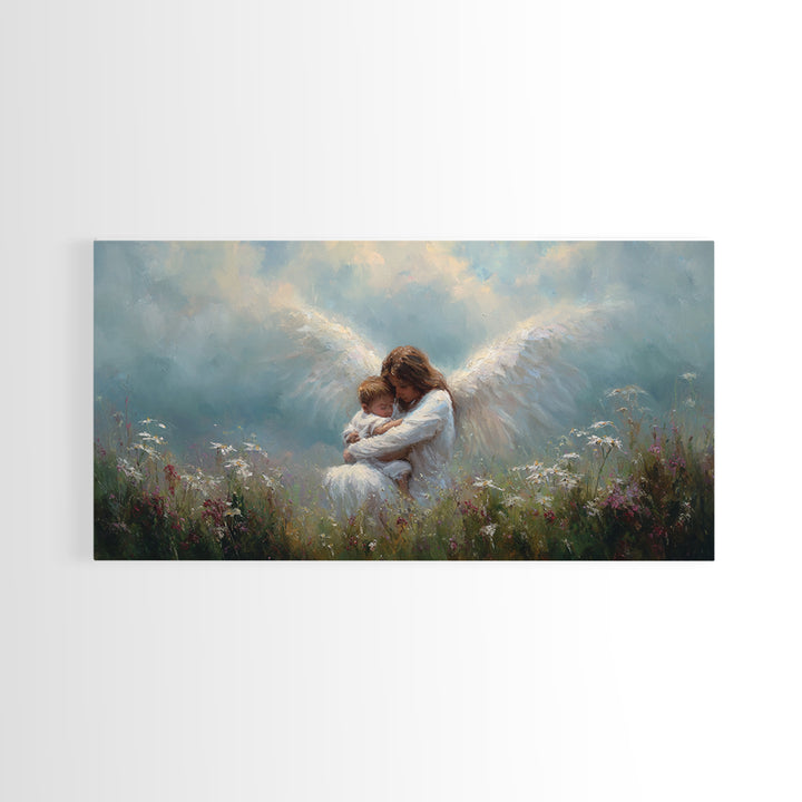 Guardian Angel Embracing Baby In Wildflower Meadow Framed Canvas Print, Christian Nursery Wall Art, Gift For Mom, Spiritual Home Decor