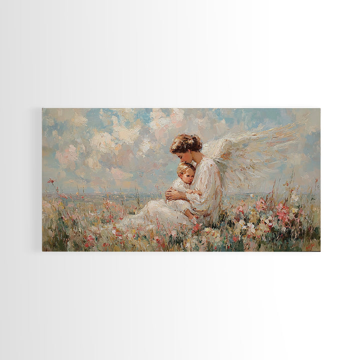 Seated Guardian Angel With Infant In Pastel Wildflowers Canvas Print, Christian Wall Art, Nursery Decor, Baby Shower Gift