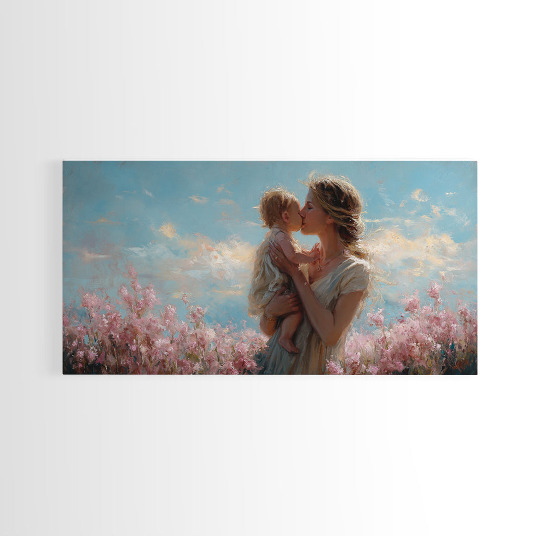 Tender Mother Kissing Child Among Pink Blossoms Wall Art, Feminine Nursery Decor, Mothers Day Gift, Living Room Art, Home Decor