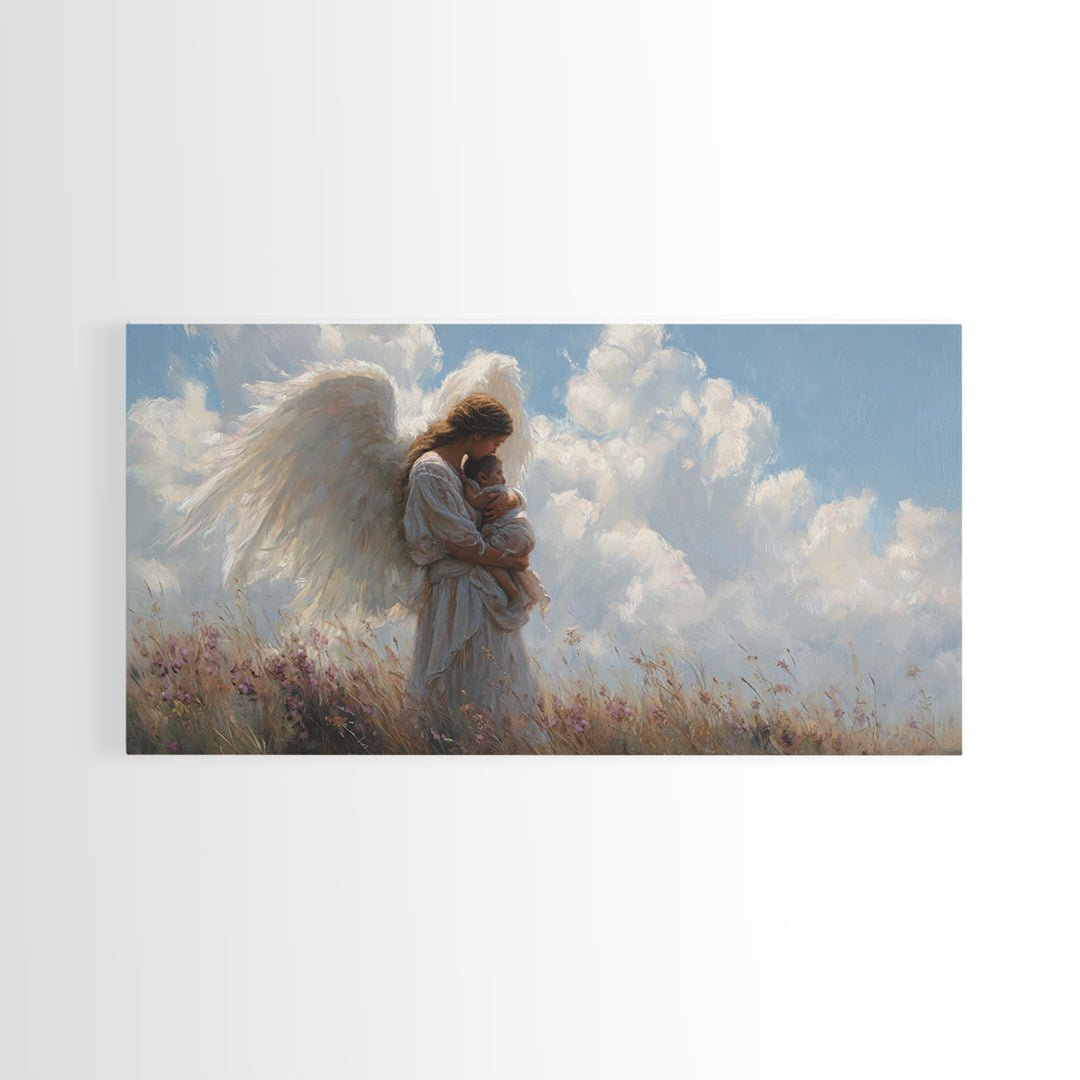 Angel Mother Cradling Baby Beneath Bright Clouds Framed Canvas Print, Christian Wall Art, Nursery Decor, Spiritual Gift For Her