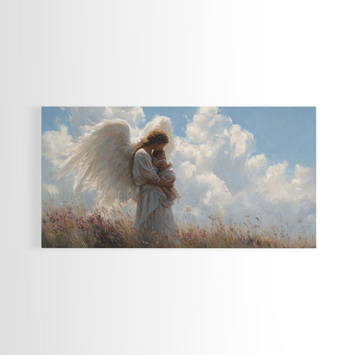 Angel Mother Cradling Baby Beneath Bright Clouds Framed Canvas Print, Christian Wall Art, Nursery Decor, Spiritual Gift For Her
