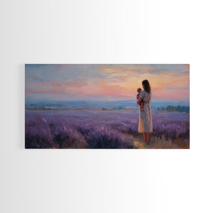 Mother Holding Baby At Lavender Field Sunset Canvas Print, Purple Landscape Wall Art, Mothers Day Gift, Bedroom Decor, Home Decor