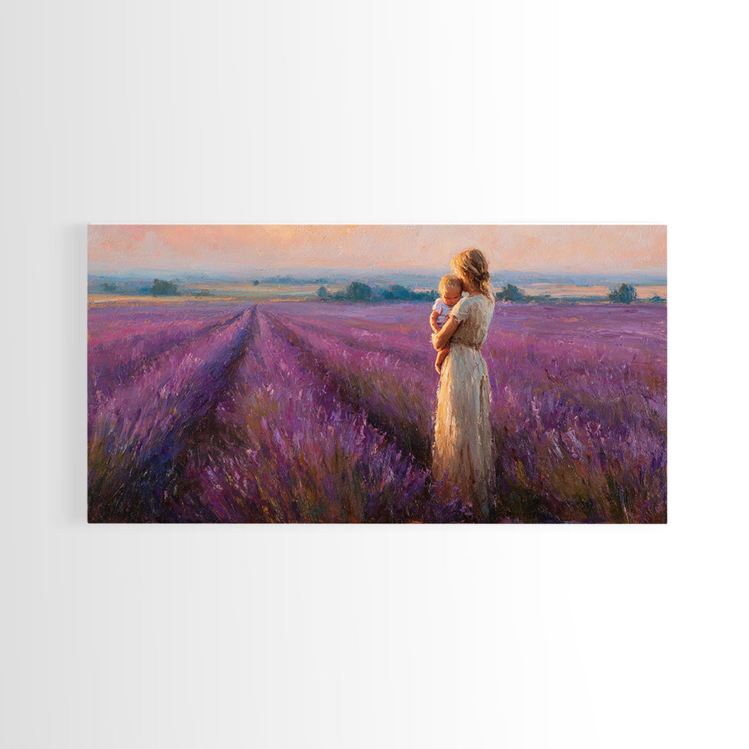 Mother And Baby In Lavender Rows At Golden Sunset Framed Canvas Print, Provence Landscape Wall Art, Gift For Mom, Home Decor