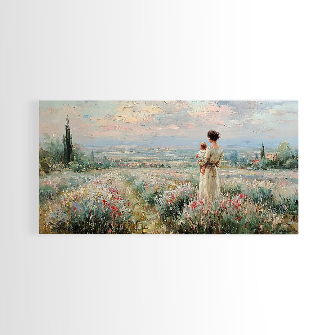 Mother With Baby Over Tuscan Wildflower Valley Canvas Print, Italian Countryside Wall Art, Mothers Day Gift, Living Room Decor