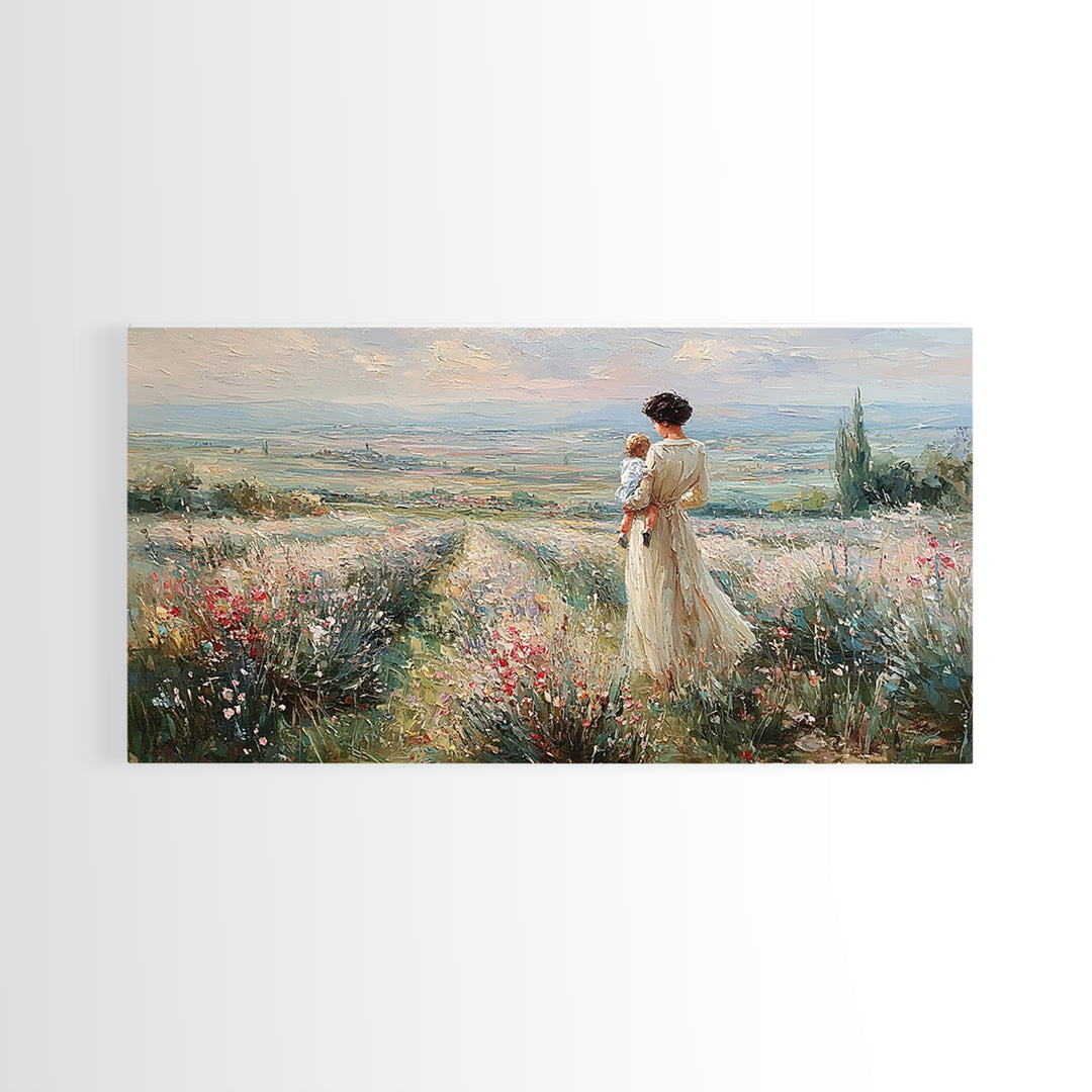 Mother Holding Baby Beside Tuscan Garden Path Wall Art, Italian Landscape Print, Framed Canvas Print, Housewarming Gift, Home Decor