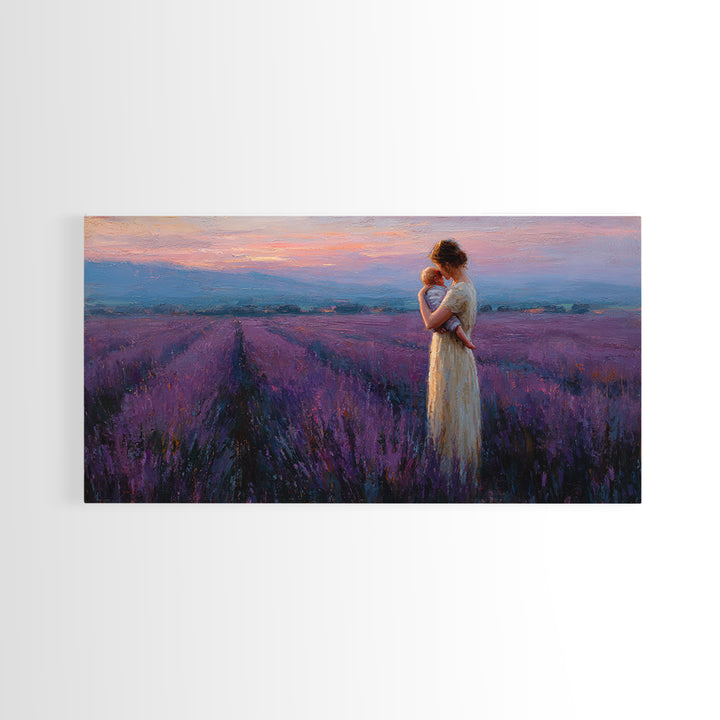 Mother And Baby In Lavender Field At Rose Dusk Canvas Print, Purple Landscape Wall Art, Mothers Day Gift, Romantic Home Decor