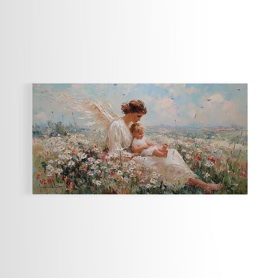 Seated Angel Holding Baby In Daisy Wildflower Meadow Framed Canvas Print, Christian Nursery Wall Art, Spiritual Home Decor