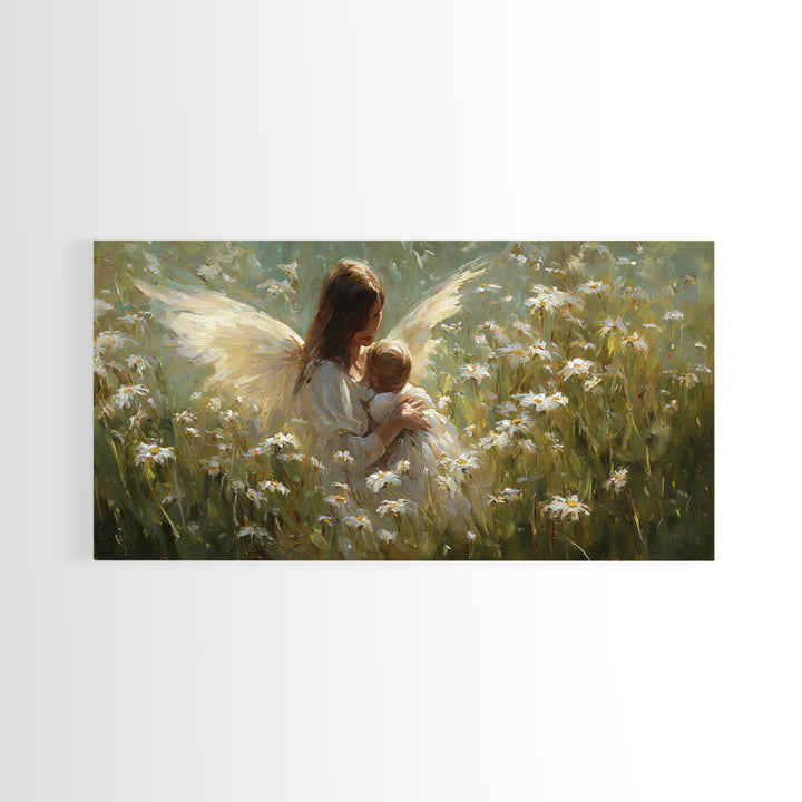 Guardian Angel Mother And Baby In Daisy Meadow Wall Art, Christian Nursery Decor, Spiritual Gift, Feminine Bedroom Decor