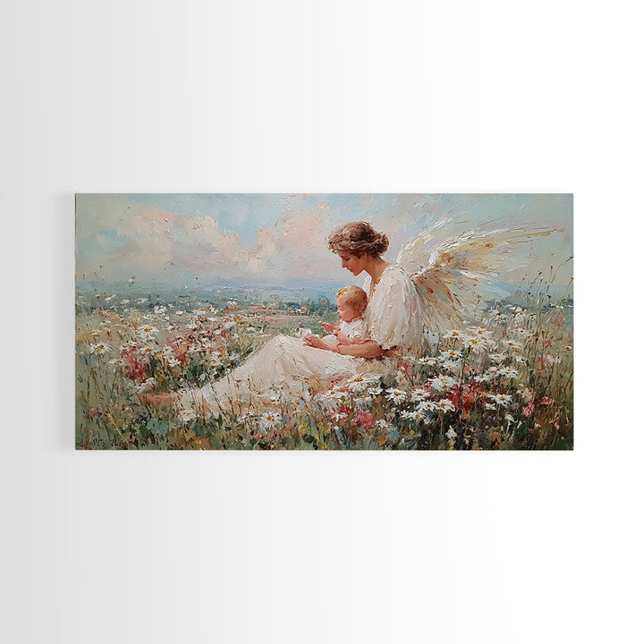 Angel Mother And Baby Over Wildflower Hills Canvas Print, Christian Wall Art, Nursery Decor, Housewarming Gift For Her, Living Room Decor