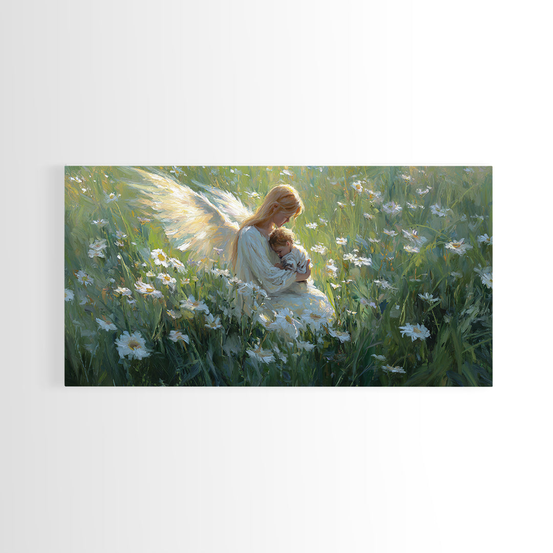 Golden Winged Mother And Sleeping Child In Daisy Field Framed Canvas Print, Christian Nursery Wall Art, Calming Bedroom Decor