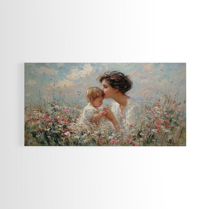 Mother Kissing Baby Among Wildflowers Wall Art, Impressionist Christian Art Print, Nursery Decor, Gift For Mom, Living Room Wall Art