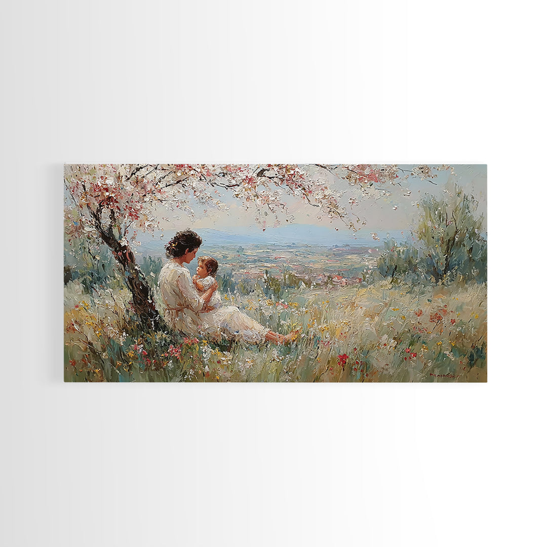 Mother And Child In Blooming Hillside Meadow Canvas Print, Spring Wall Art, Feminine Nursery Decor, Housewarming Gift, Living Room Decor