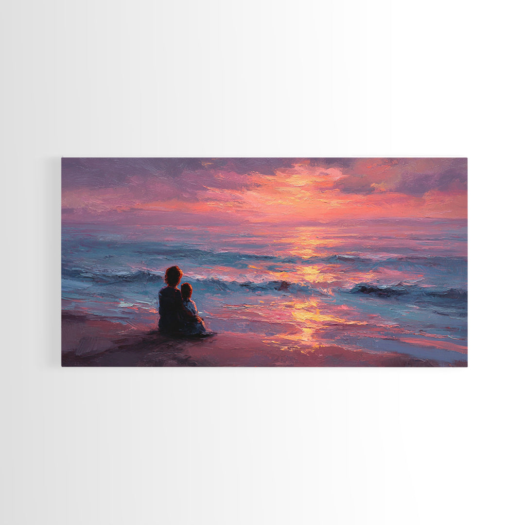 Mother And Child Watching Ocean Sunset Wall Art, Coastal Beach Canvas Print, Gift For Mom, Nursery Decor, Bedroom Wall Decor