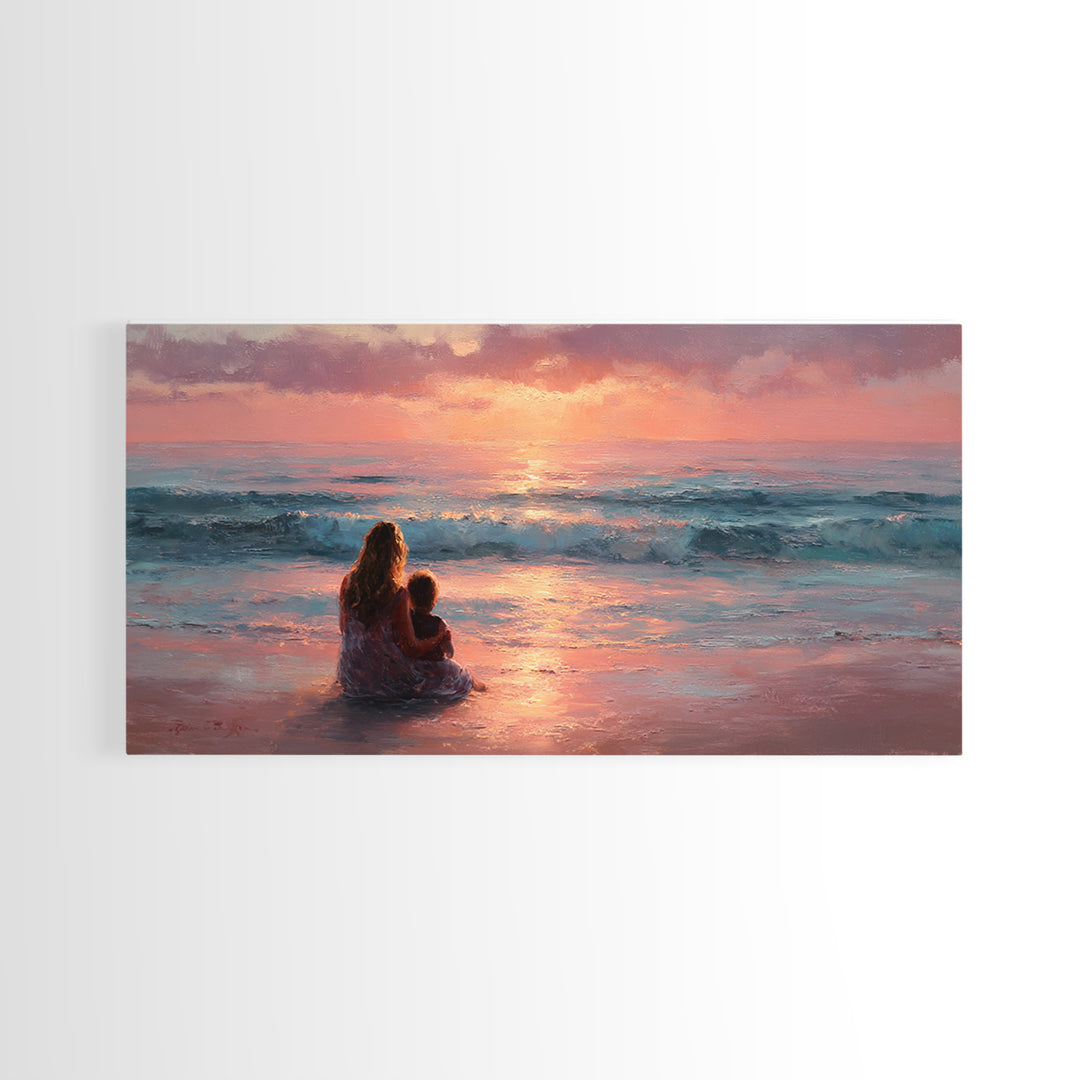 Mother And Child By Pink Ocean Sunset Wall Art, Coastal Seascape Canvas Print, Gift For Mom, Nursery Decor, Living Room Art