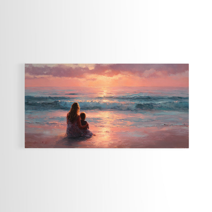 Mother And Child By Pink Ocean Sunset Wall Art, Coastal Seascape Canvas Print, Gift For Mom, Nursery Decor, Living Room Art