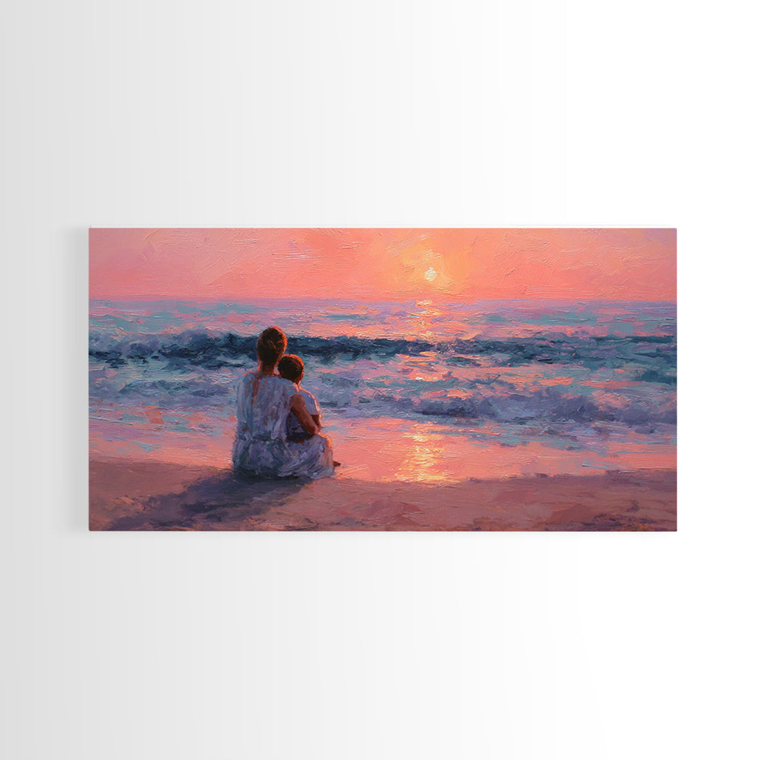 Mother Holding Baby At Rose Ocean Sunset Wall Art, Coastal Canvas Print, Nursery Decor, Gift For Mom, Romantic Bedroom Art