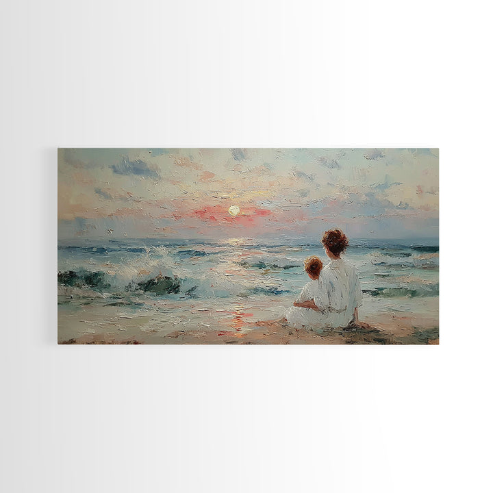 Mother And Child Seaside Sunrise Framed Canvas Print, Pastel Coastal Wall Art, Nursery Decor, Gift For Mom, Beach House Decor