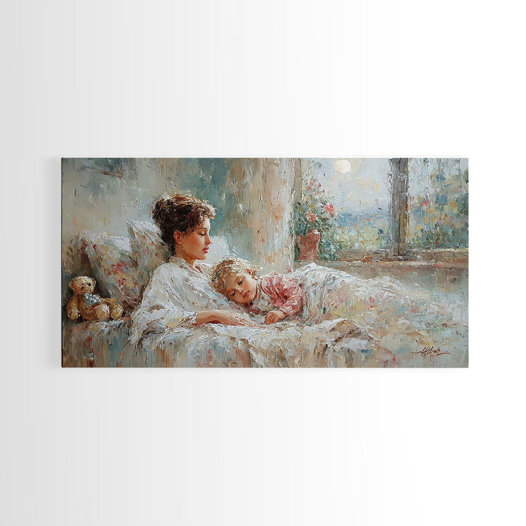 Mother And Child Morning Bedtime Wall Art, Impressionist Canvas Print, Nursery Decor, Gift For Mom, Cozy Bedroom Wall Decor
