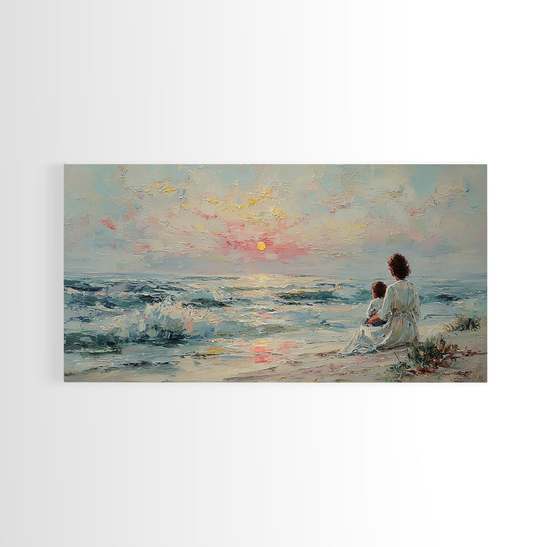 Mother And Child Watching Pastel Sea Sunset Wall Art, Coastal Framed Canvas Print, Nursery Decor, Gift For Mom, Beach Decor