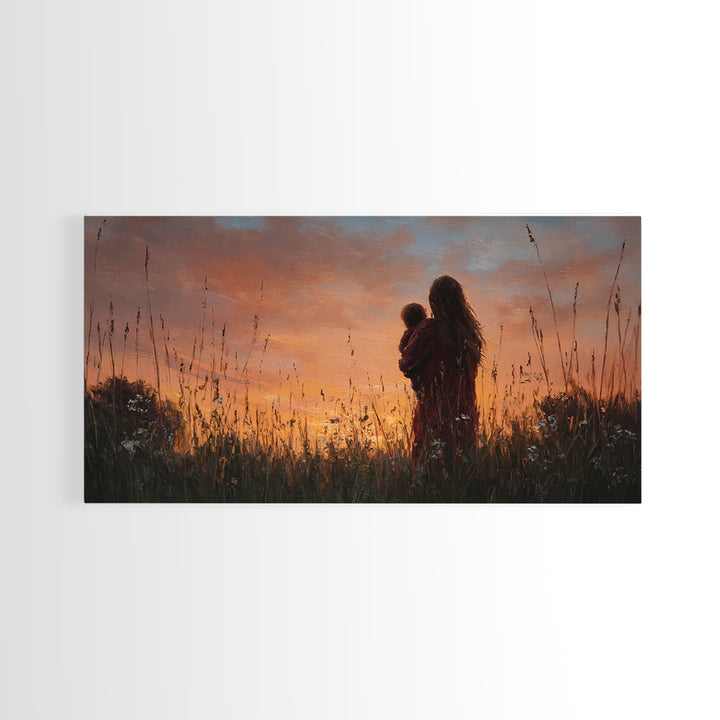 Mother And Baby Silhouette At Golden Sunset Wall Art, Rustic Landscape Canvas Print, Nursery Decor, Gift For Mom, Moody Wall Art