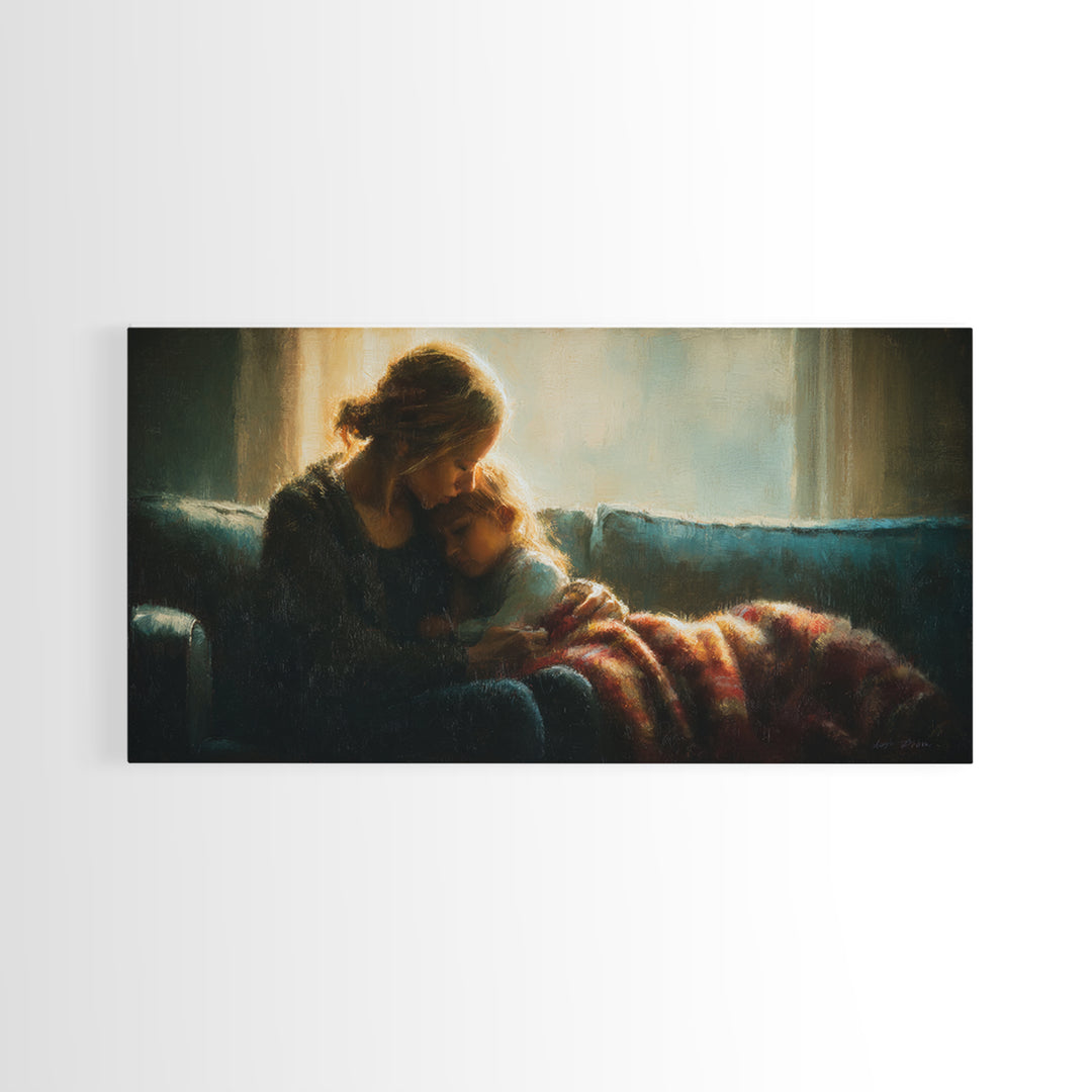 Mother Cuddling Child By Window Wall Art, Moody Bedroom Canvas Print, Nursery Decor, Gift For Mom, Cozy Home Decor, Fine Art
