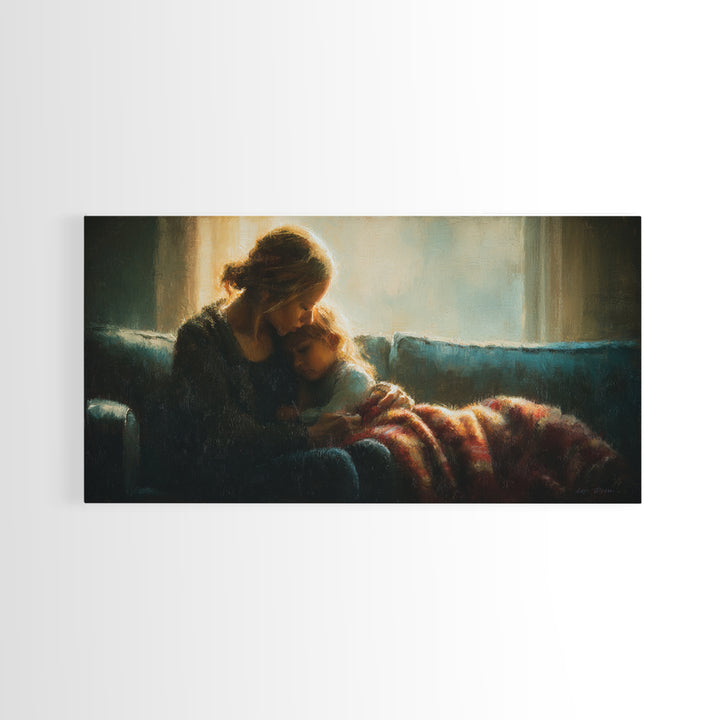 Mother Cuddling Child By Window Wall Art, Moody Bedroom Canvas Print, Nursery Decor, Gift For Mom, Cozy Home Decor, Fine Art