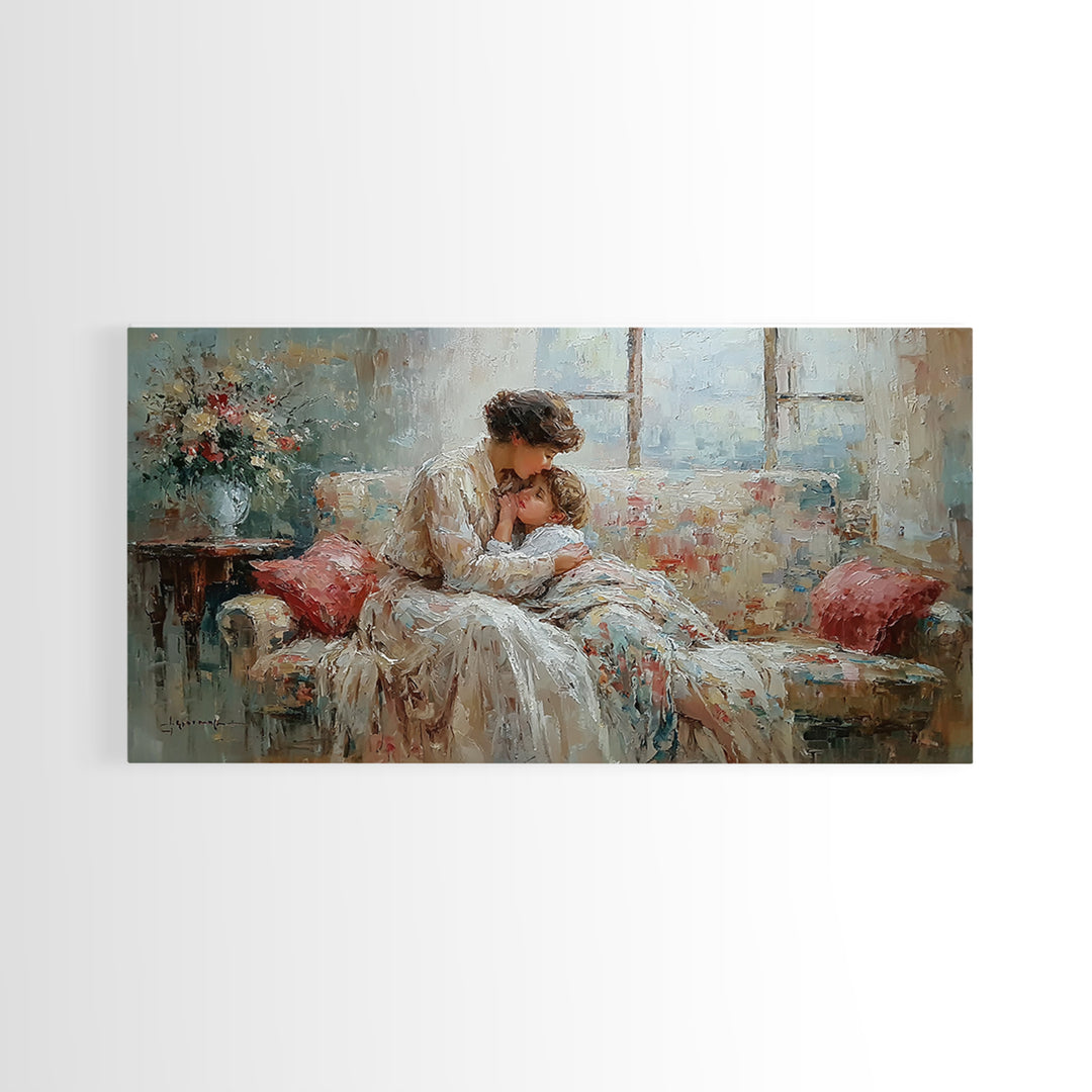 Mother And Baby Morning Embrace Wall Art, Impressionist Nursery Decor, Cozy Bedroom Print, Gift For Mom, Framed Fine Art