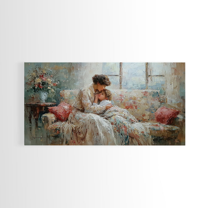 Mother And Baby Morning Embrace Wall Art, Impressionist Nursery Decor, Cozy Bedroom Print, Gift For Mom, Framed Fine Art