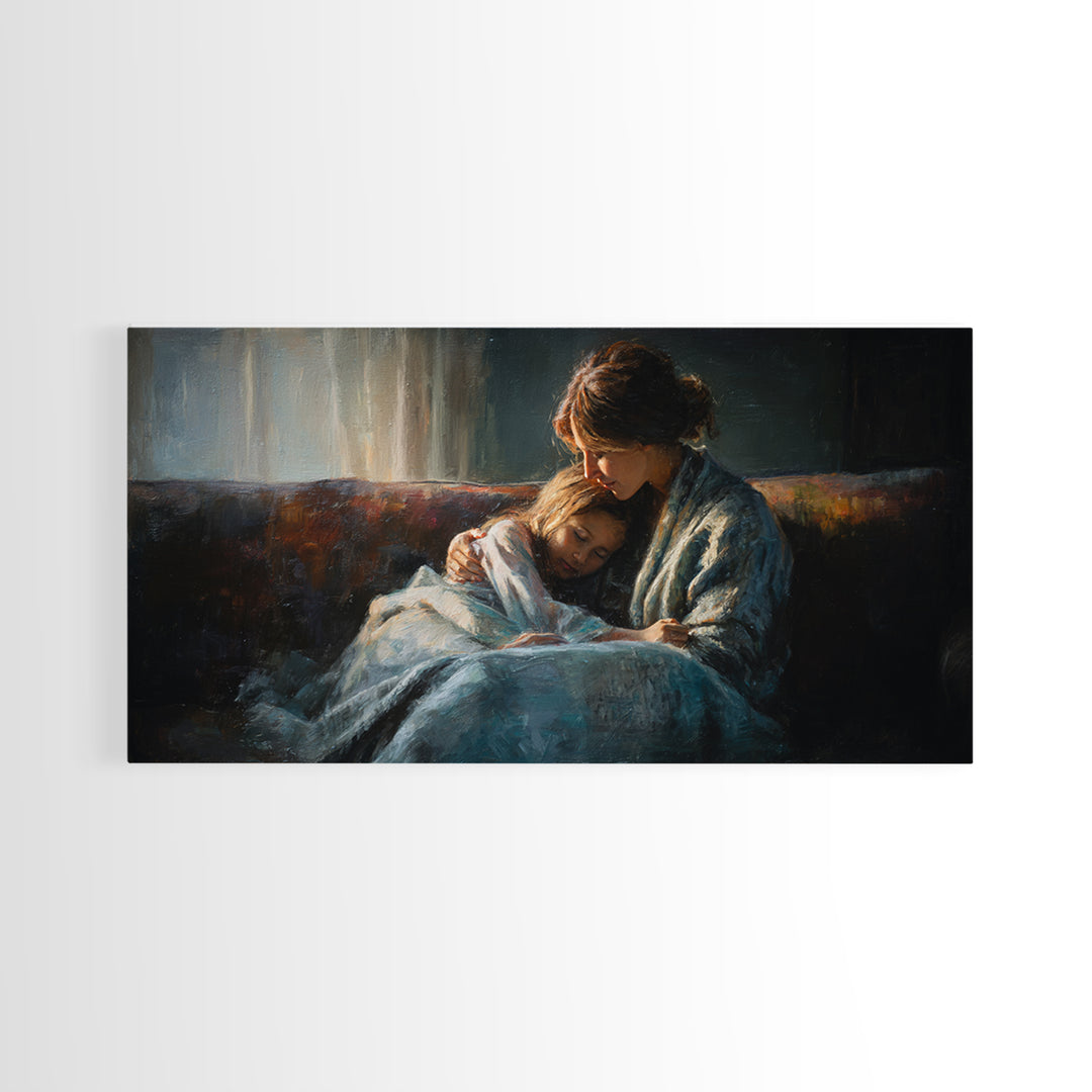 Mother And Sleeping Child Canvas Print, Moody Impressionist Wall Decor, Cozy Bedroom Art, Gift For Her, Warm Home Decor Print