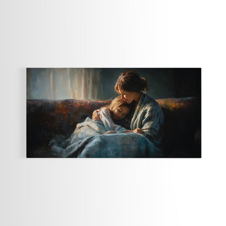 Mother And Sleeping Child Canvas Print, Moody Impressionist Wall Decor, Cozy Bedroom Art, Gift For Her, Warm Home Decor Print