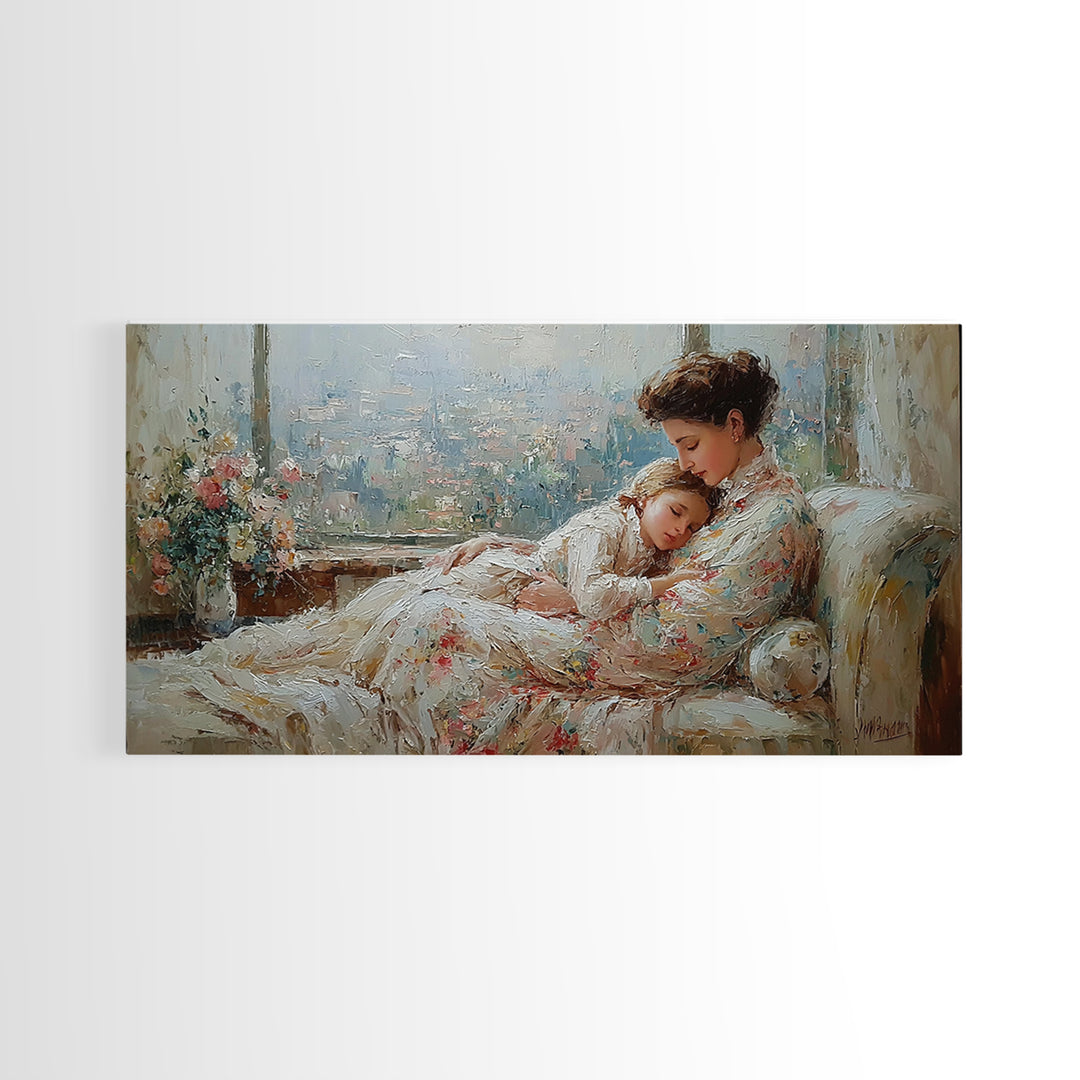 Tender Mother And Child Framed Canvas Print, Soft Impressionist Wall Art, Nursery Decor, Bedroom Wall Decor, Gift For Mom