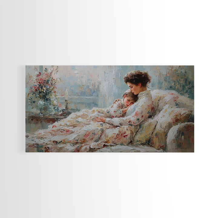 Mother And Child Floral Blanket Wall Art, Impressionist Canvas Print, Cozy Nursery Decor, Feminine Bedroom Art, Gift For Her