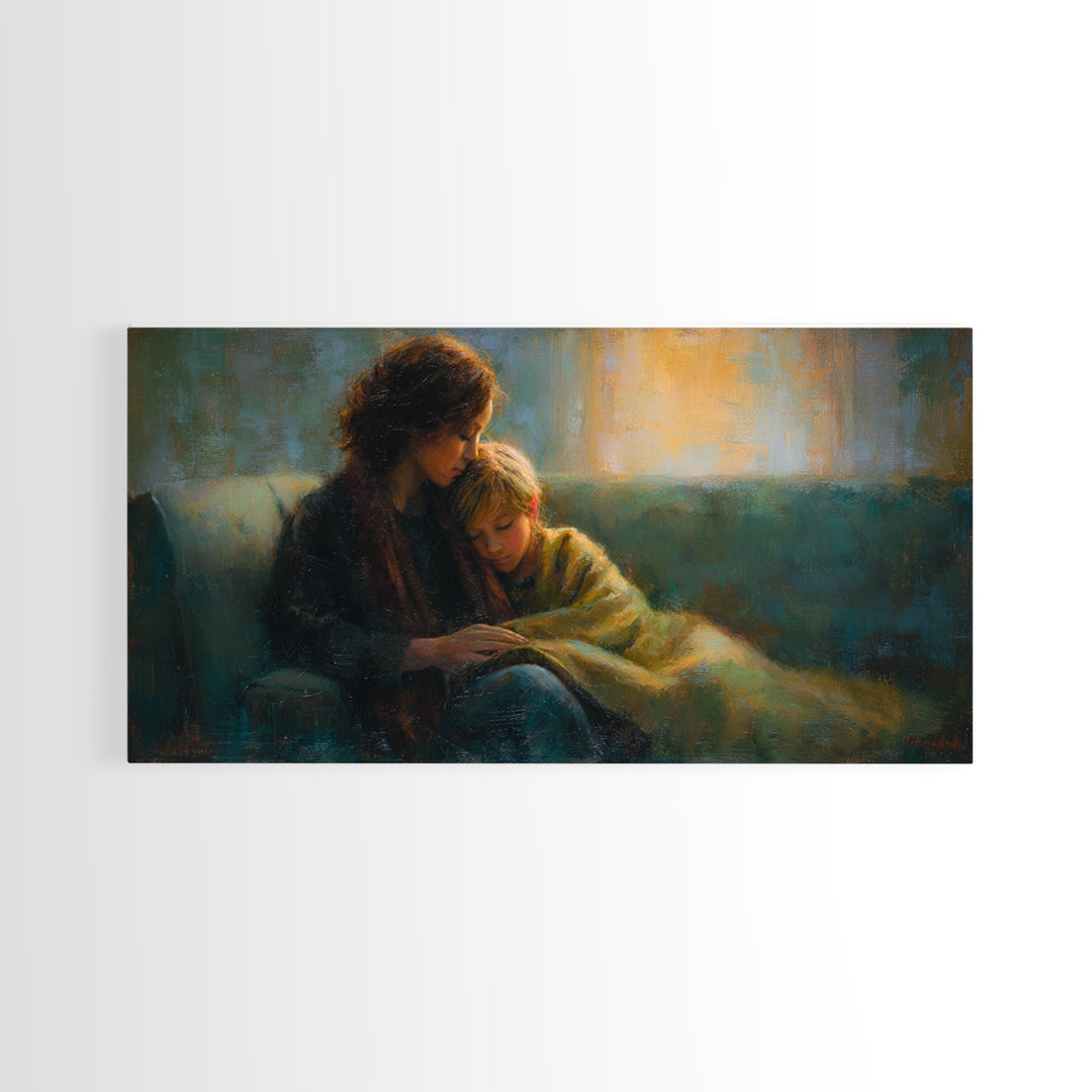 Mother Comforting Child Canvas Print, Moody Figurative Wall Art, Warm Living Room Decor, Cozy Bedroom Print, Gift For Mom