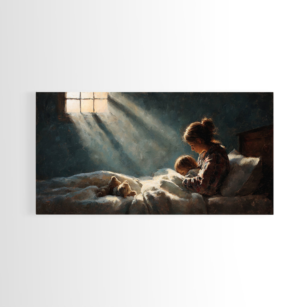Mother Tucking Child Into Bed Wall Art, Sunlit Impressionist Nursery Decor, Cozy Bedroom Wall Decor, Teddy Bear Art Print
