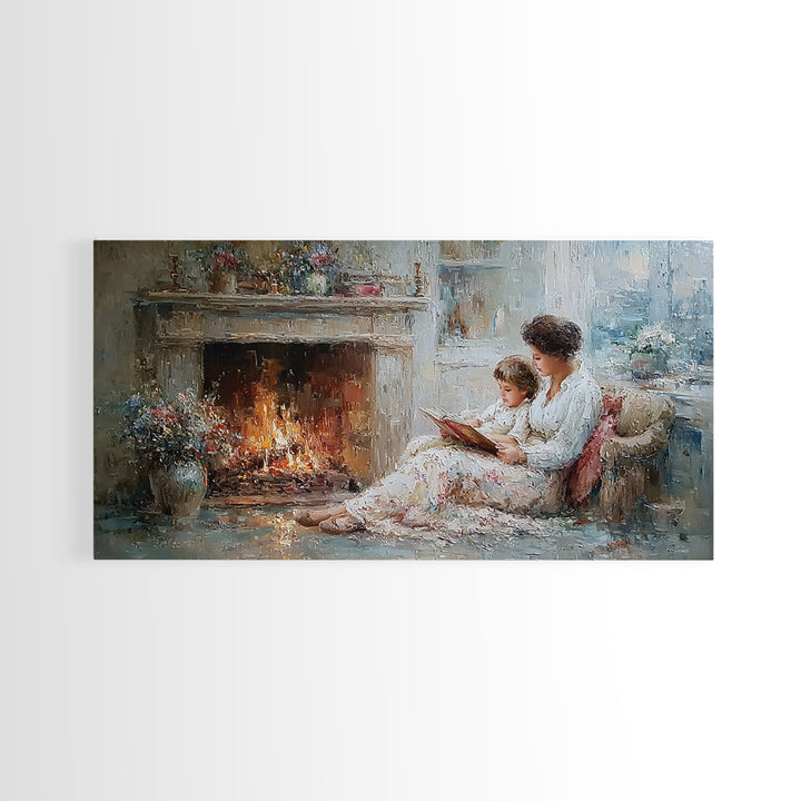 Mother And Child Reading By Fireplace Framed Canvas Print, Cozy Living Room Wall Art, Storybook Nursery Decor, Gift For Mom
