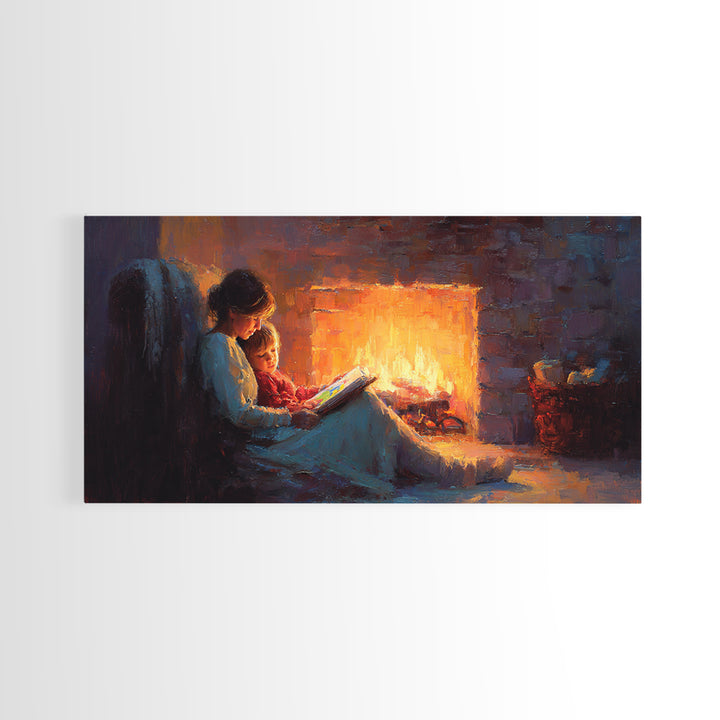 Mother And Child Fireside Reading Canvas Print, Warm Storybook Wall Art, Cozy Cabin Decor, Nursery Art, Gift For Book Lover