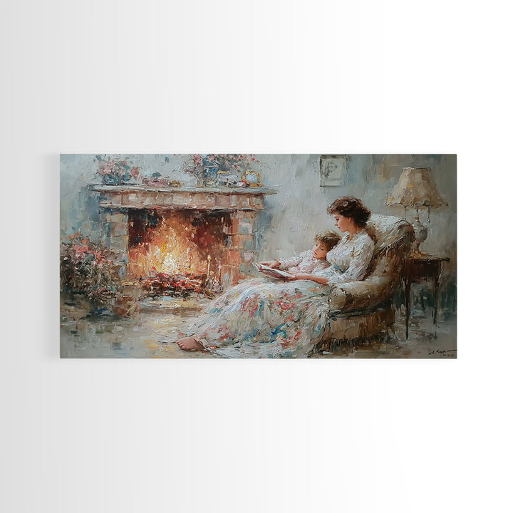 Mother And Child Reading Near Fireplace Wall Art, Impressionist Living Room Decor, Cozy Bedroom Art, Housewarming Gift Print