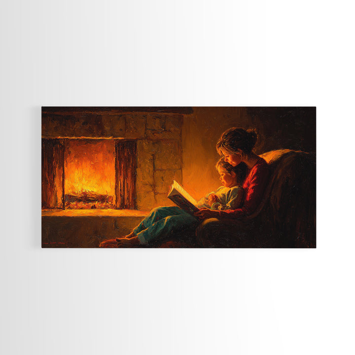 Cozy Mother And Child Reading Framed Canvas Print, Warm Fireplace Wall Art, Storybook Bedroom Decor, Gift For Mom, Fine Art