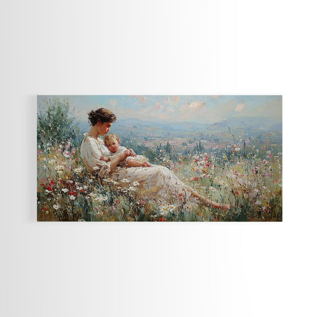 Mother And Baby Wildflower Meadow Wall Art, Impressionist Landscape Canvas Print, Nursery Decor, Gift For Mom, Home Decor