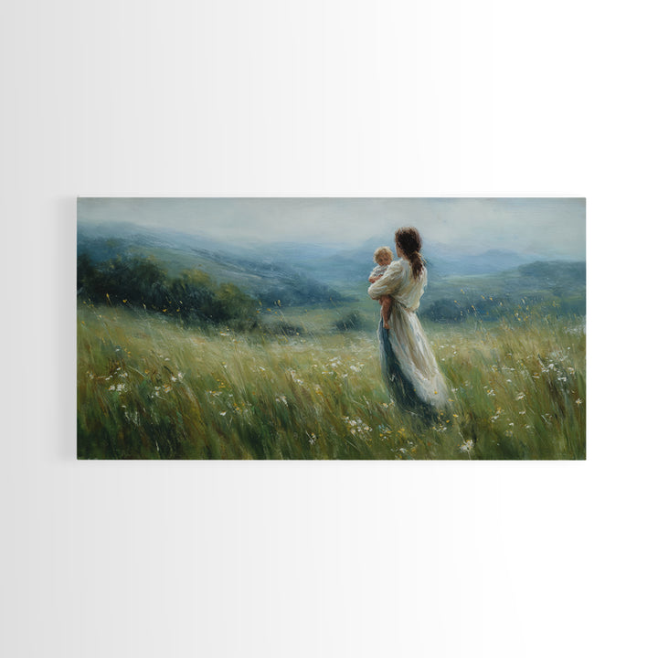 Mother Holding Baby In Misty Meadow Wall Art, Impressionist Landscape Painting, Serene Nursery Decor, Gift For Mom, Home Decor
